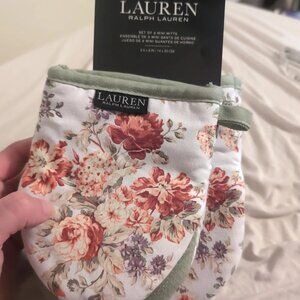 LAUREN RALPH LAUREN MINI MITTS (2) CORAL RED GREEN FLORAL 100% COTTON NIP